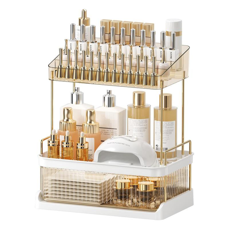 Anyask 2-3 Tier Cosmetic Makeup Organizer with Compartment, Large Drawer Multi-Purpose Cosmetic Storage Rack, Great Holder for Dresser, Bathroom, Office & Countertop, Make up & Jewelry Storage, Spacious Design