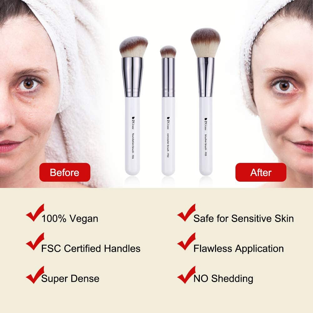 Makeup Brushes 3Pcs Foundation Contour Bronzer Brush,Concealer Brush,Blusher Powder Brush, Face Kabuki Travel Buffing Stippling Liquid Blending Makeup Brush Set White