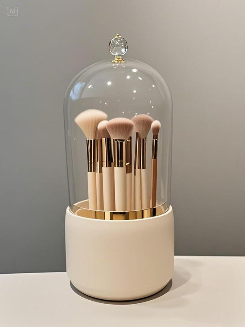 Make up Brushes Organizer with Clear Acrylic Cover Rotating Dustproof Makeup Brush Holder Organizer for Vanity and Desktop Bathrooms Boxes Compartment Switch