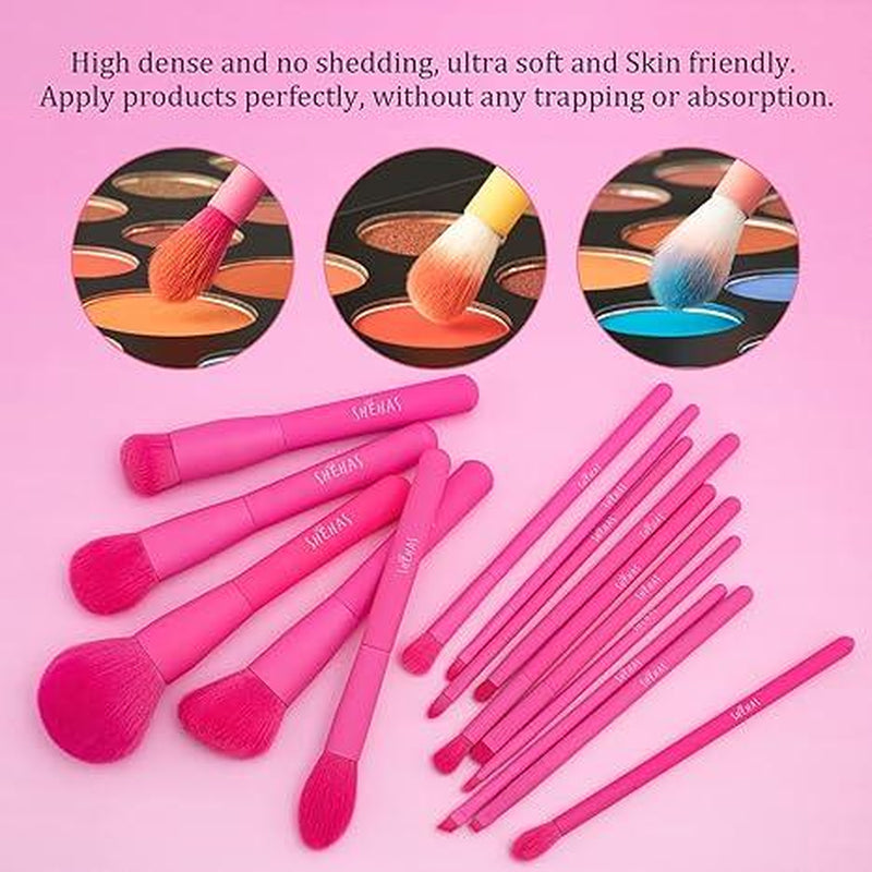 TEXAMO X Shehas Makeup Brush Set 15 Piece Quality Makeup Brushes Premium Synthetic Make up Brushes for Lip Eye Shadow Foundation Powder Blush Highlighter Concealer Makeup Brush Kit for Travel Hot Pink with Two-Piece Foundation Shovel Set