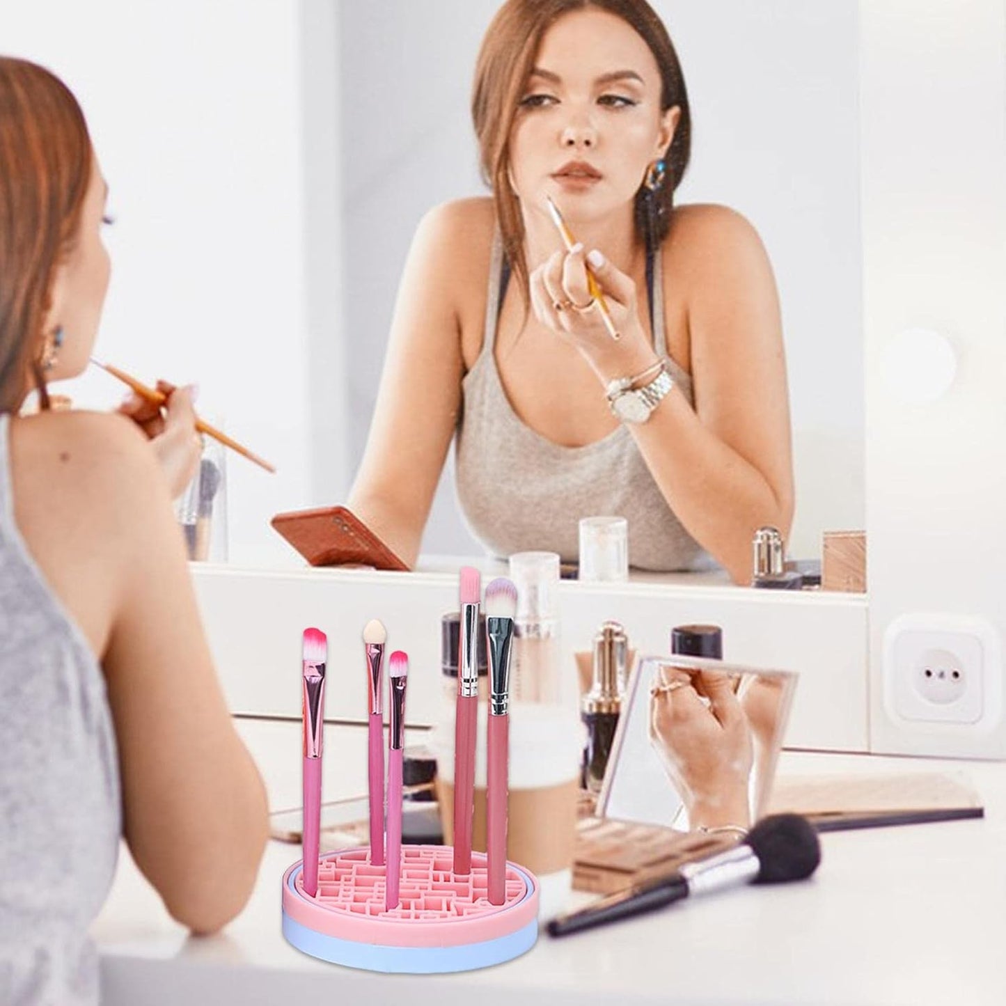 Makeup Brush Cleaning Mat, 2 in 1 Silicone Makeup Brush Cleaning Pad and Brush Drying Storage Stand Holder, Travel Portable Washing Tool for Makeup Brushes