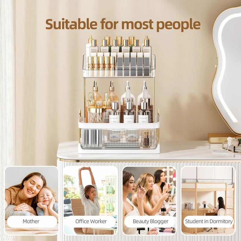 Anyask 2-3 Tier Cosmetic Makeup Organizer with Compartment, Large Drawer Multi-Purpose Cosmetic Storage Rack, Great Holder for Dresser, Bathroom, Office & Countertop, Make up & Jewelry Storage, Spacious Design