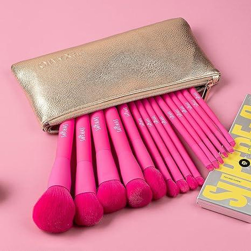 TEXAMO X Shehas Makeup Brush Set 15 Piece Quality Makeup Brushes Premium Synthetic Make up Brushes for Lip Eye Shadow Foundation Powder Blush Highlighter Concealer Makeup Brush Kit for Travel Hot Pink with Two-Piece Foundation Shovel Set