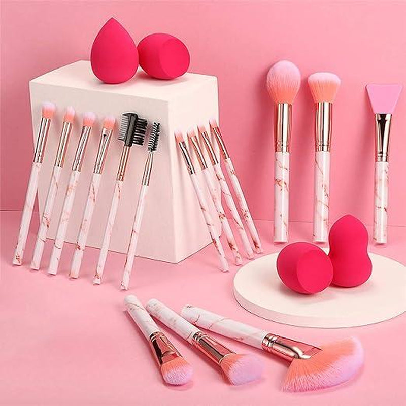DUAIU Professional Makeup Brushes Set 16PCS Marble Handle with 4Pcs Sponge Blenders Foundation Brushes Eyeshadow Brush Lip Brush Silicone Face Mask Brush Make up Tool