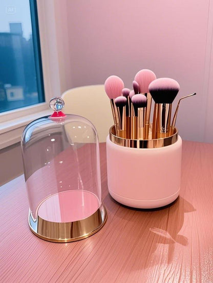 Make up Brushes Organizer with Clear Acrylic Cover Rotating Dustproof Makeup Brush Holder Organizer for Vanity and Desktop Bathrooms Boxes Compartment Switch