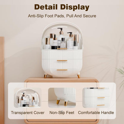 Makeup Organizers and Storage, Make up Organizer for Vanity Cosmetics Skincare Organizers with Lid and Drawers Display Cases for Countertop（White）