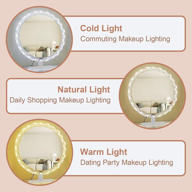 Desk Vanity Mirror LED Lighted Makeup Mirror with Crystal Frame, 3 Color Lighting Modes Touch Control Tabletop Vanity Make up Mirror ZXAPJJD