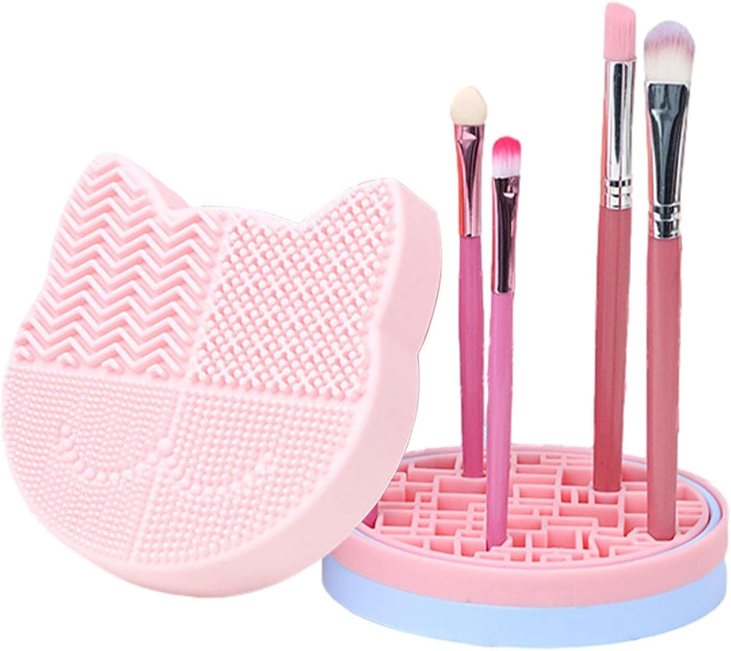 Makeup Brush Cleaning Mat, 2 in 1 Silicone Makeup Brush Cleaning Pad and Brush Drying Storage Stand Holder, Travel Portable Washing Tool for Makeup Brushes