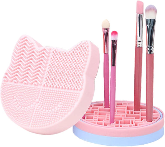 Makeup Brush Cleaning Mat, 2 in 1 Silicone Makeup Brush Cleaning Pad and Brush Drying Storage Stand Holder, Travel Portable Washing Tool for Makeup Brushes