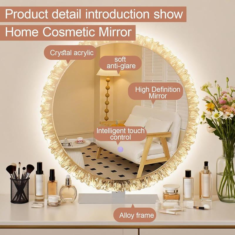 Desk Vanity Mirror LED Lighted Makeup Mirror with Crystal Frame, 3 Color Lighting Modes Touch Control Tabletop Vanity Make up Mirror ZXAPJJD