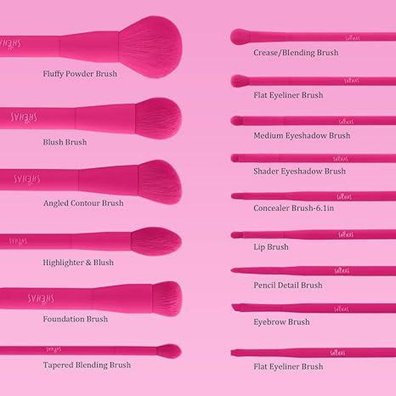 TEXAMO X Shehas Makeup Brush Set 15 Piece Quality Makeup Brushes Premium Synthetic Make up Brushes for Lip Eye Shadow Foundation Powder Blush Highlighter Concealer Makeup Brush Kit for Travel Hot Pink with Two-Piece Foundation Shovel Set