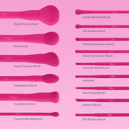 TEXAMO X Shehas Makeup Brush Set 15 Piece Quality Makeup Brushes Premium Synthetic Make up Brushes for Lip Eye Shadow Foundation Powder Blush Highlighter Concealer Makeup Brush Kit for Travel Hot Pink with Two-Piece Foundation Shovel Set