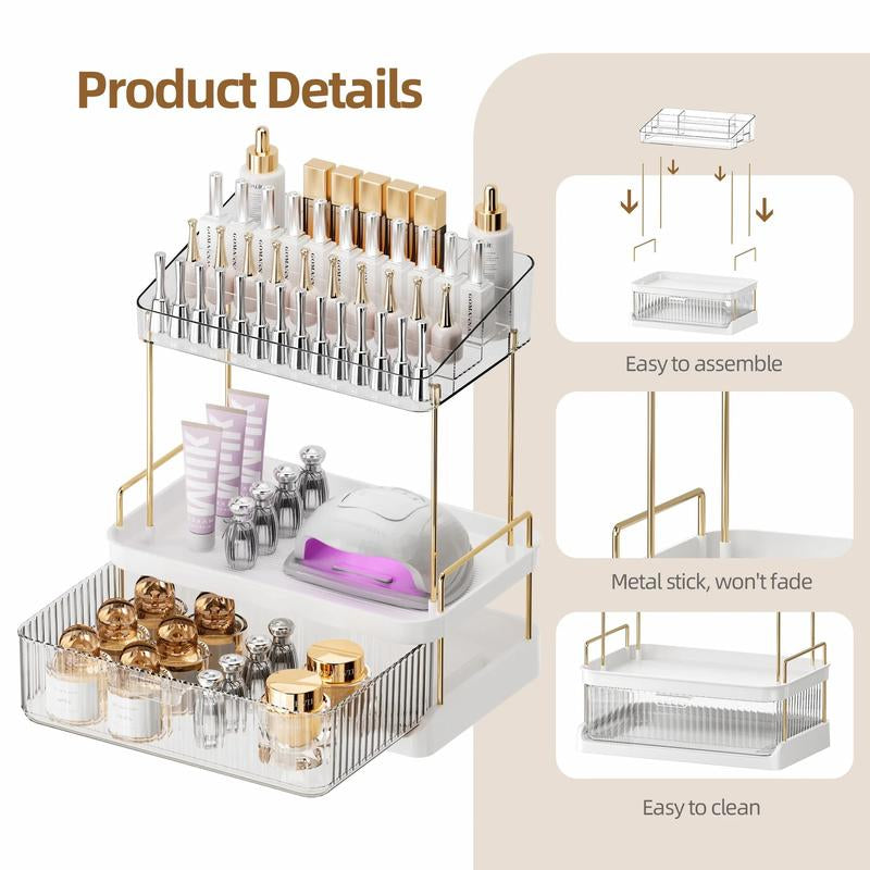 Anyask 2-3 Tier Cosmetic Makeup Organizer with Compartment, Large Drawer Multi-Purpose Cosmetic Storage Rack, Great Holder for Dresser, Bathroom, Office & Countertop, Make up & Jewelry Storage, Spacious Design