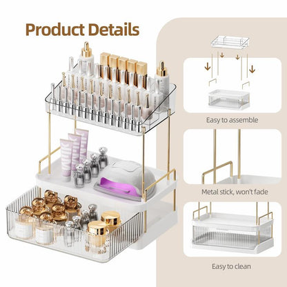 Anyask 2-3 Tier Cosmetic Makeup Organizer with Compartment, Large Drawer Multi-Purpose Cosmetic Storage Rack, Great Holder for Dresser, Bathroom, Office & Countertop, Make up & Jewelry Storage, Spacious Design