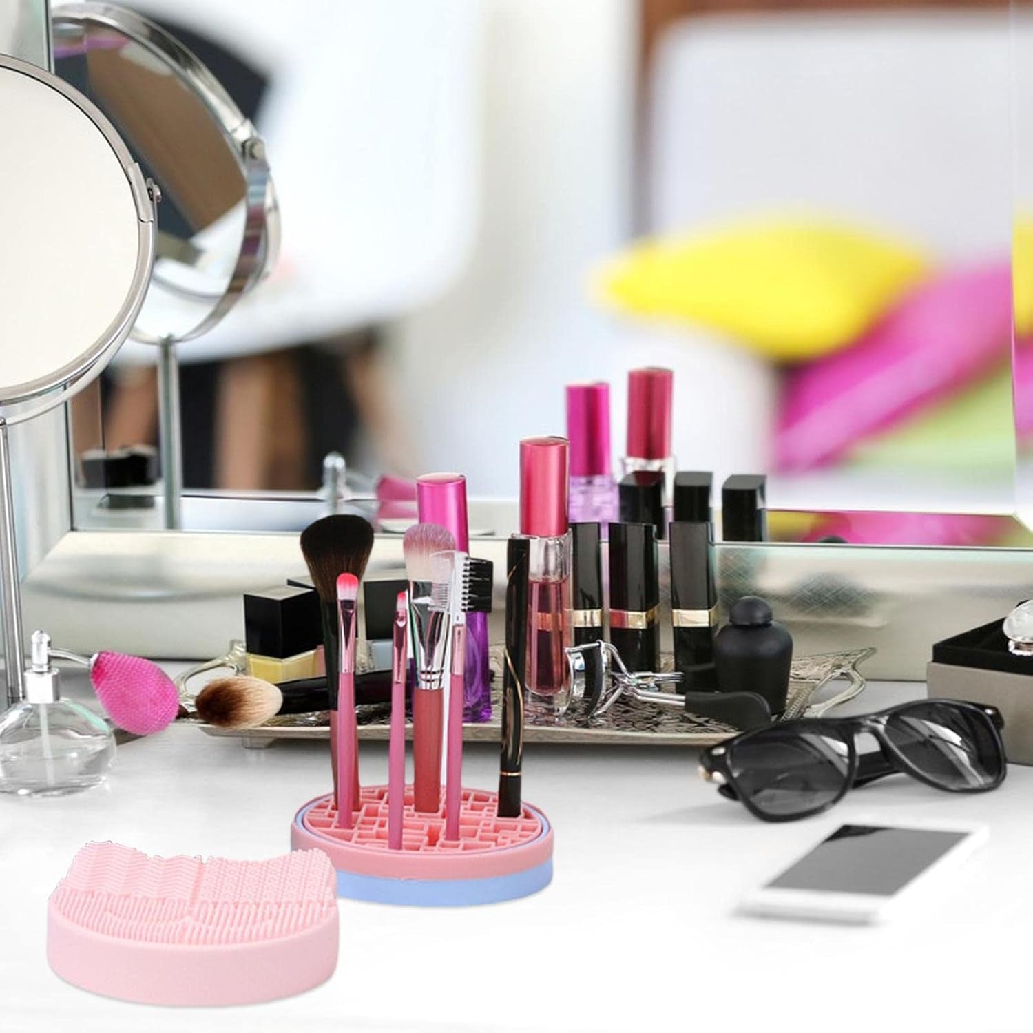 Makeup Brush Cleaning Mat, 2 in 1 Silicone Makeup Brush Cleaning Pad and Brush Drying Storage Stand Holder, Travel Portable Washing Tool for Makeup Brushes