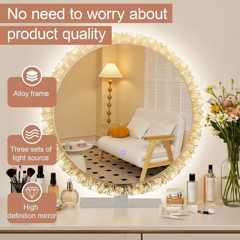 Desk Vanity Mirror LED Lighted Makeup Mirror with Crystal Frame, 3 Color Lighting Modes Touch Control Tabletop Vanity Make up Mirror ZXAPJJD