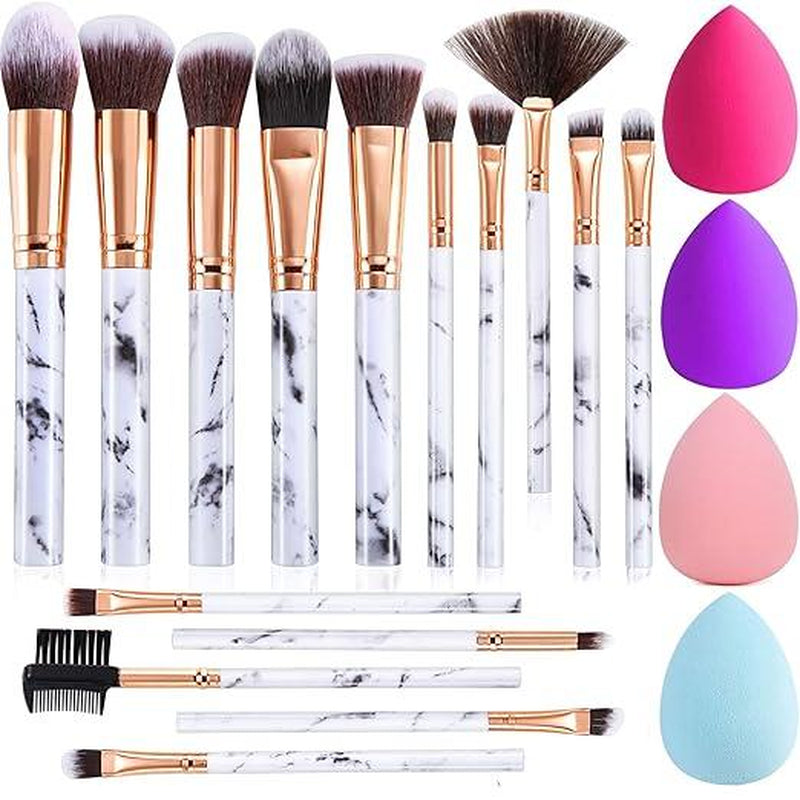 DUAIU Professional Makeup Brushes Set 16PCS Marble Handle with 4Pcs Sponge Blenders Foundation Brushes Eyeshadow Brush Lip Brush Silicone Face Mask Brush Make up Tool
