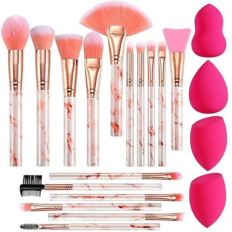 DUAIU Professional Makeup Brushes Set 16PCS Marble Handle with 4Pcs Sponge Blenders Foundation Brushes Eyeshadow Brush Lip Brush Silicone Face Mask Brush Make up Tool