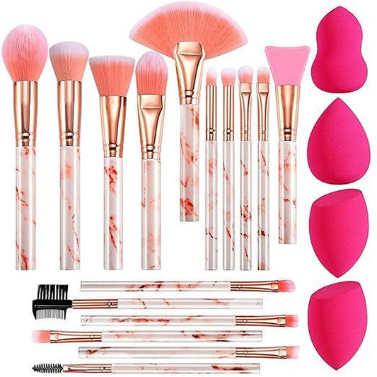 DUAIU Professional Makeup Brushes Set 16PCS Marble Handle with 4Pcs Sponge Blenders Foundation Brushes Eyeshadow Brush Lip Brush Silicone Face Mask Brush Make up Tool