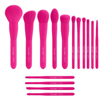 TEXAMO X Shehas Makeup Brush Set 15 Piece Quality Makeup Brushes Premium Synthetic Make up Brushes for Lip Eye Shadow Foundation Powder Blush Highlighter Concealer Makeup Brush Kit for Travel Hot Pink with Two-Piece Foundation Shovel Set